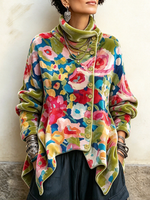 Vintage Floral Print Asymmetrical Button Turtleneck Top