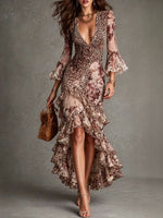 Leopard Floral Print V-Neck Ruffled High-Low Maxi Dress