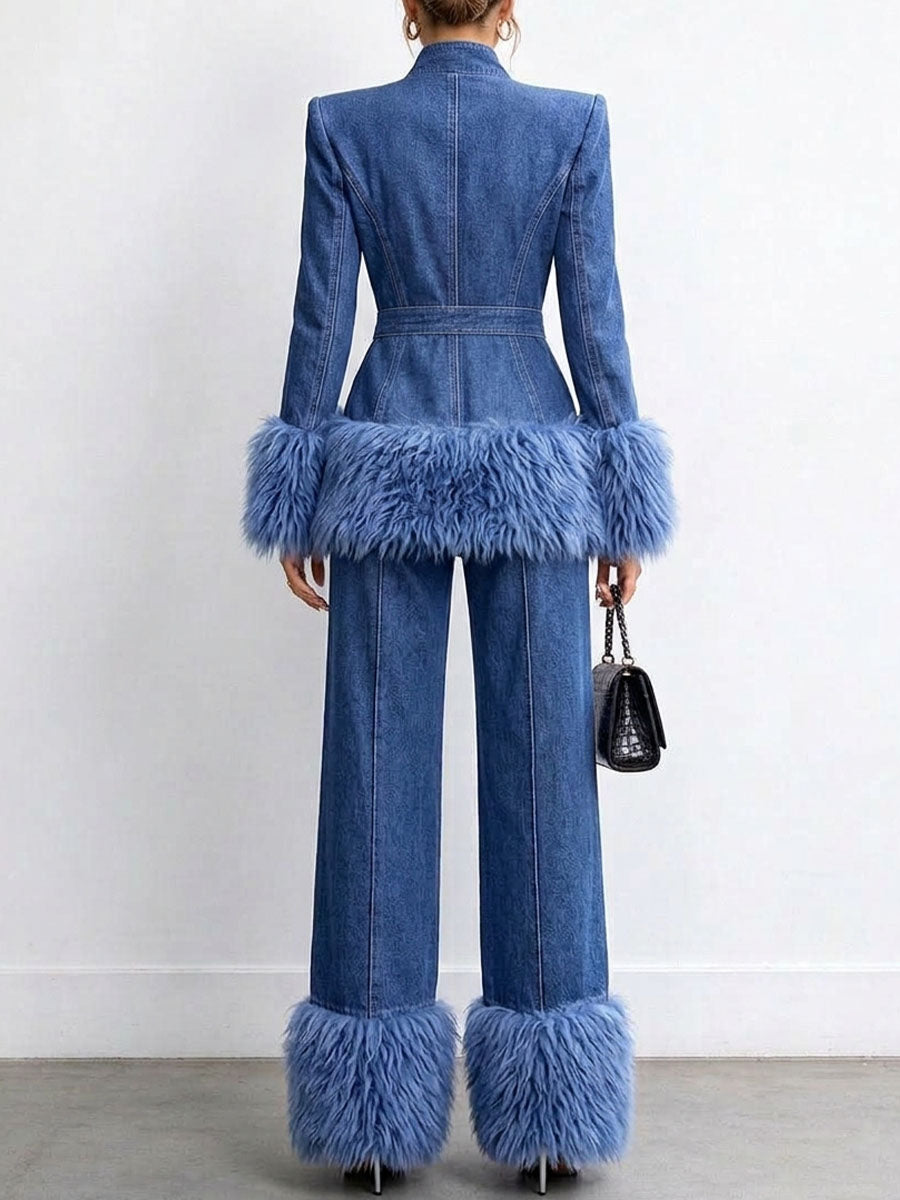 Women's Wide Leg Denim Pants With Faux Fur Hem