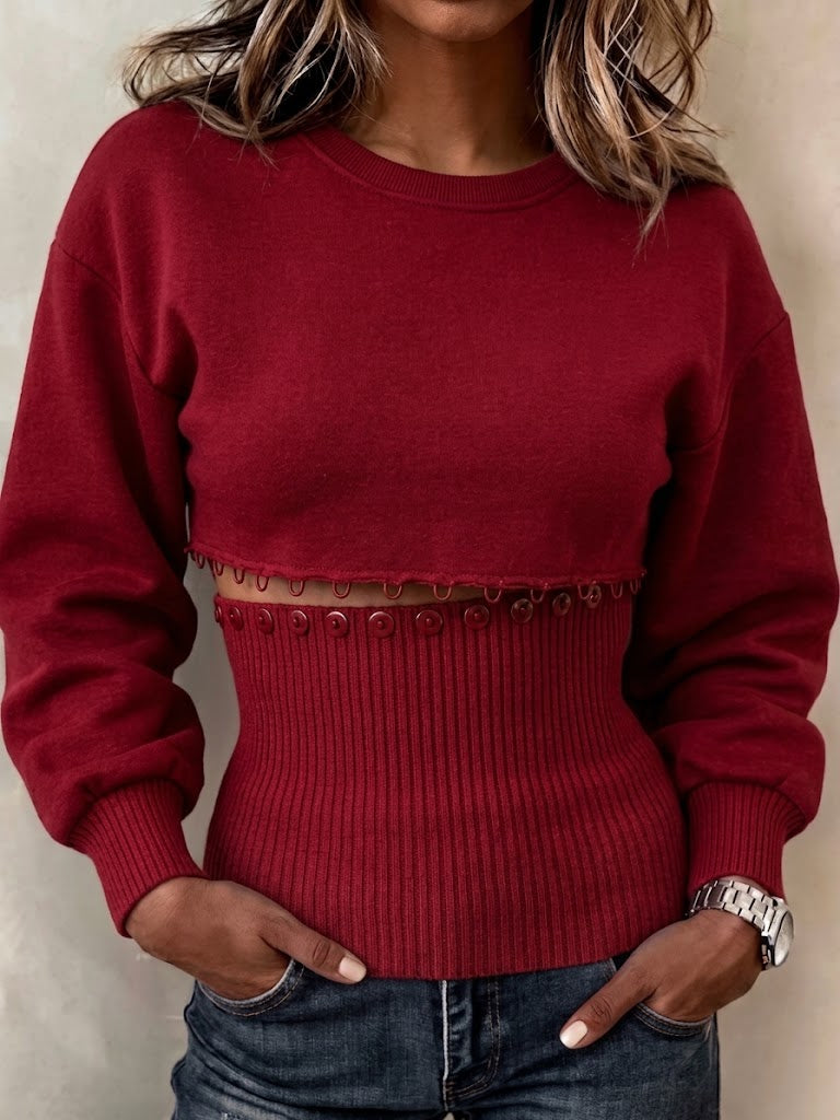 Faux-layered, Button-front, Fitted, Round-neck Knit Top