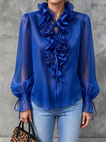 Elegant Ruffled Collar Sheer-sleeve Ruffled Rosette Blouse