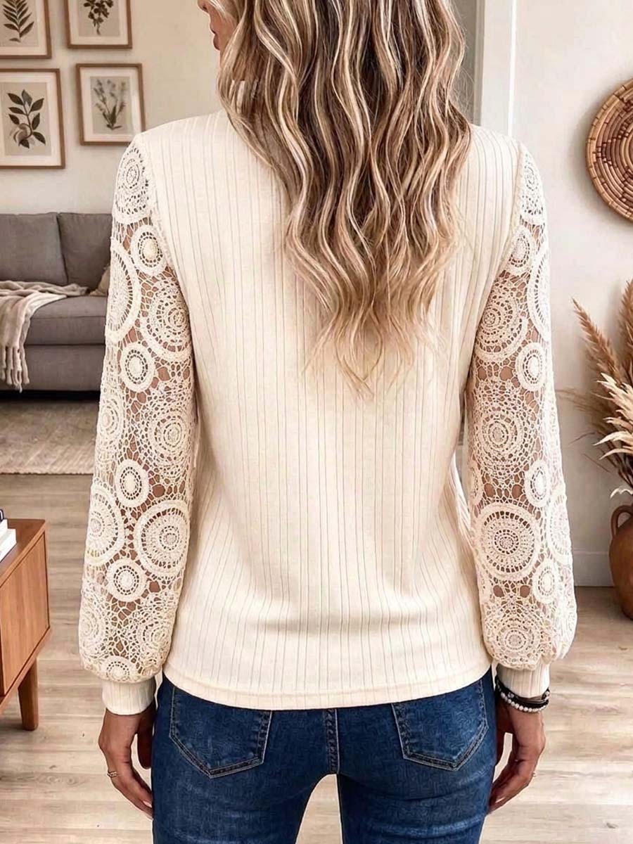 Women's V-Neck Ribbed Knit Top with Crochet Lace Sleeves