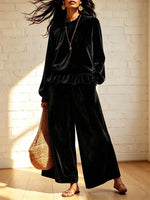 Women's Velour Two-Piece Loungewear Set with Ruffle Hem