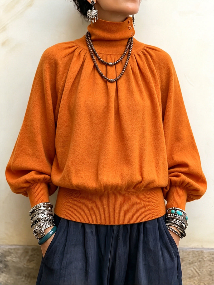 Cozy High-Neck Pleated Lantern-Sleeve Sweater