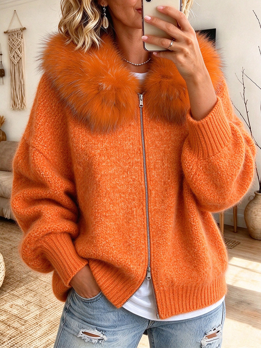 Cozy Faux-Fur Collar Full-Zip Knit Cardigan