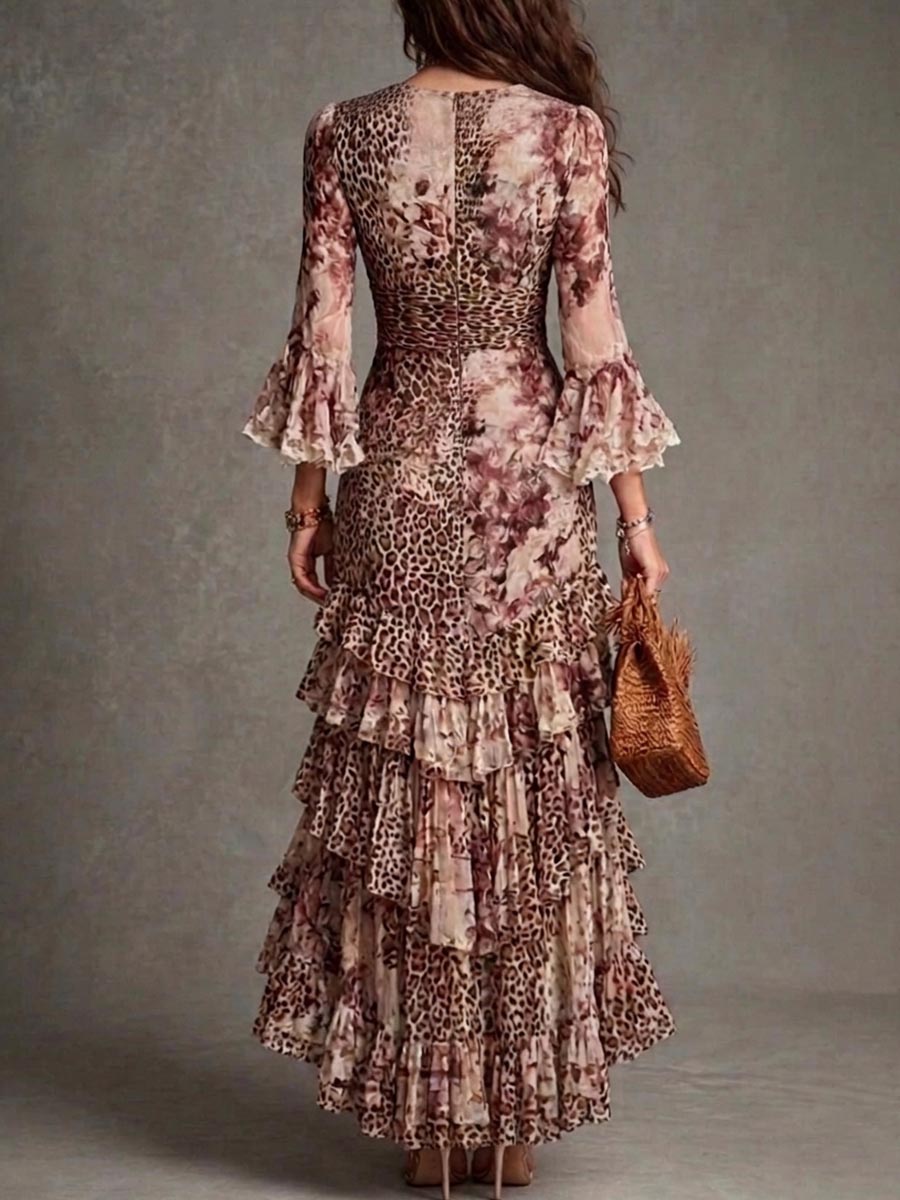 Leopard Floral Print V-Neck Ruffled High-Low Maxi Dress