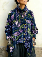 Velvet High-neck Top Featuring Wisteria Floral Motifs And Asymmetrical Front Button Detailing