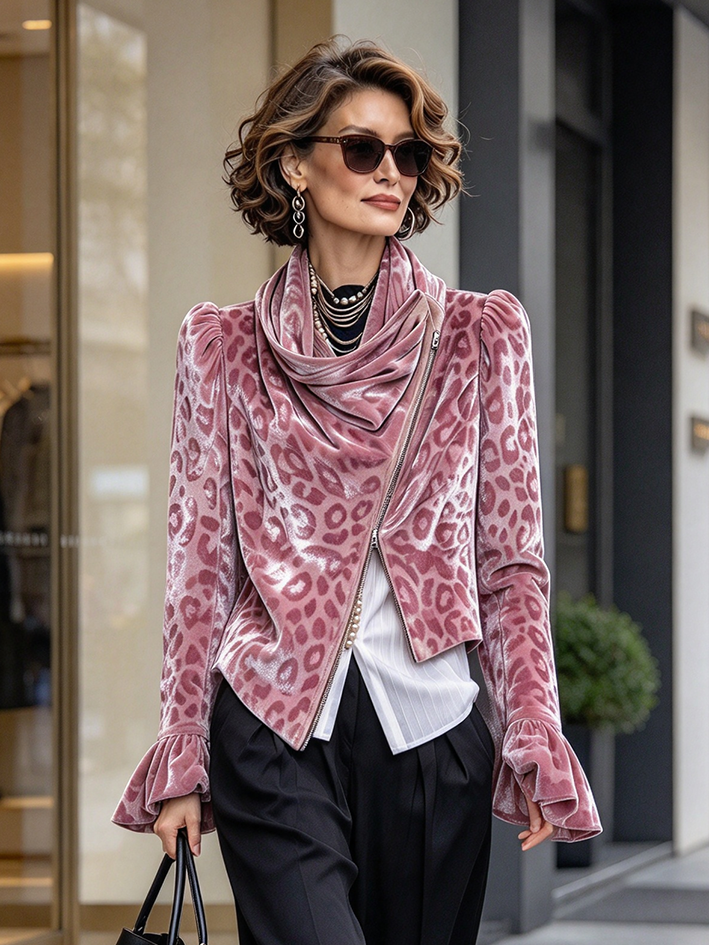 Chic Pink Leopard Velvet Asymmetrical Zip Jacket