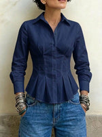 Long-sleeved Shirt With A Collared, Ruffled, And Pleated Waist-cinching Design