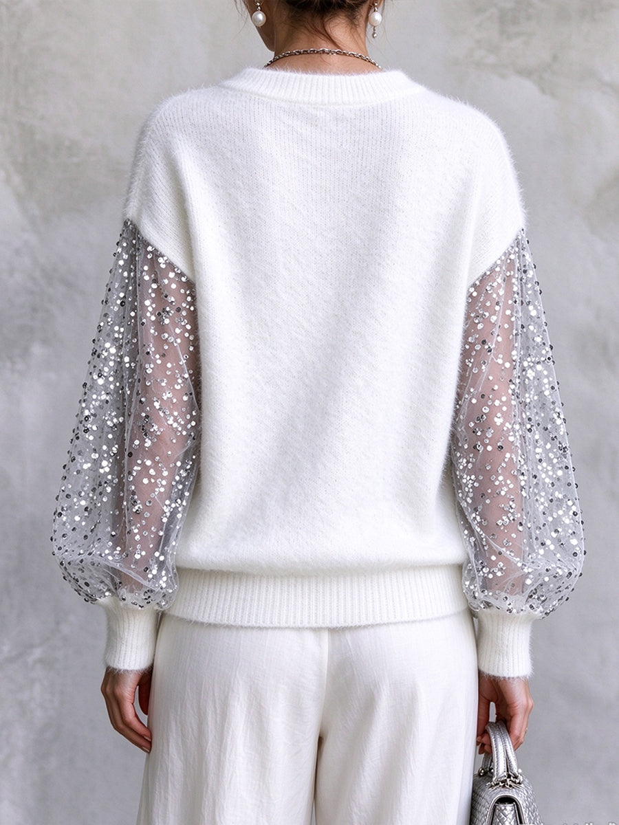 Cozy Sequin-Sleeved Fluffy Knit Pullover