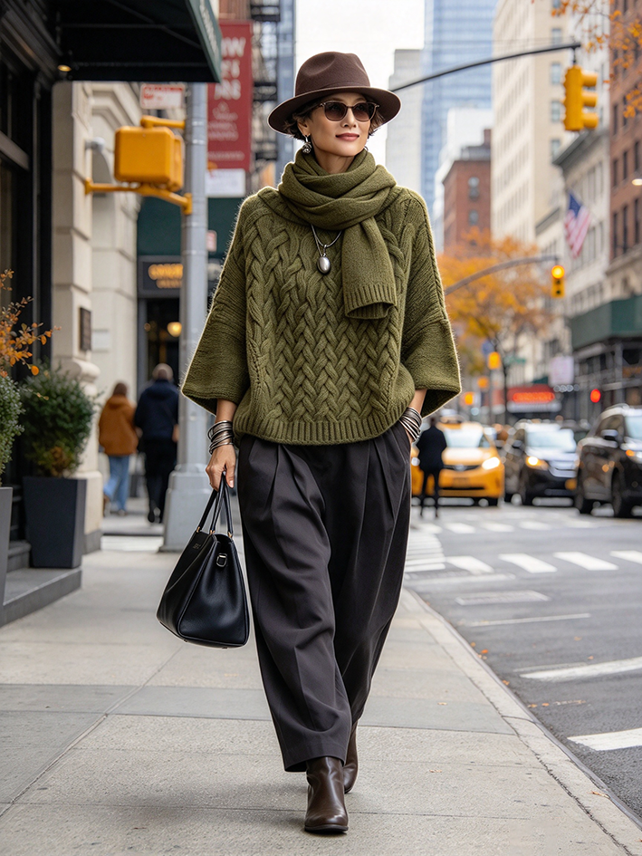 Chic Relaxed Batwing Olive Green Cable-knit Sweater