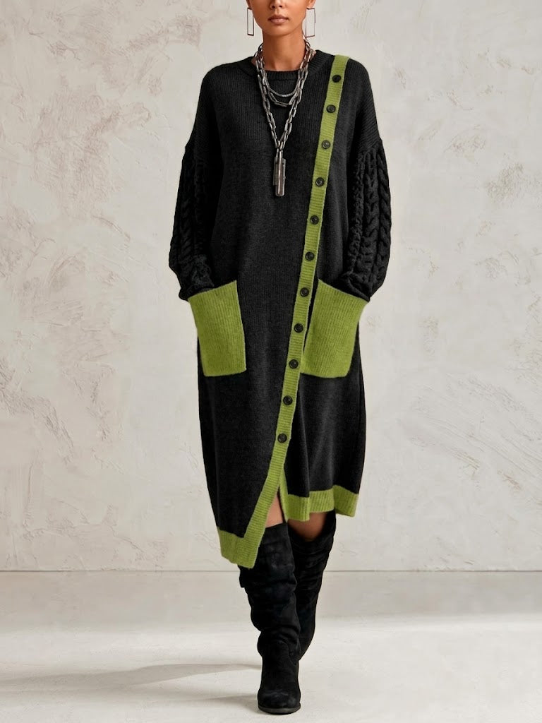 Color-block Cable-knit Dress With A Diagonal Button Placket