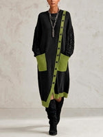 Color-block Cable-knit Dress With A Diagonal Button Placket