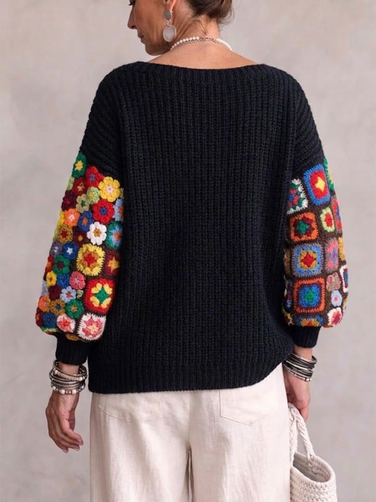 Round-neck Knitted Sweater With Colorful Crochet-patch Sleeves
