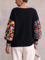 Round-neck Knitted Sweater With Colorful Crochet-patch Sleeves