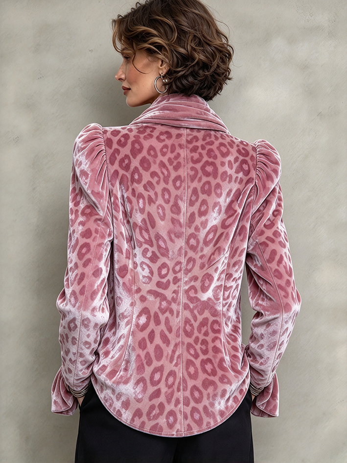 Chic Pink Leopard Velvet Asymmetrical Zip Jacket
