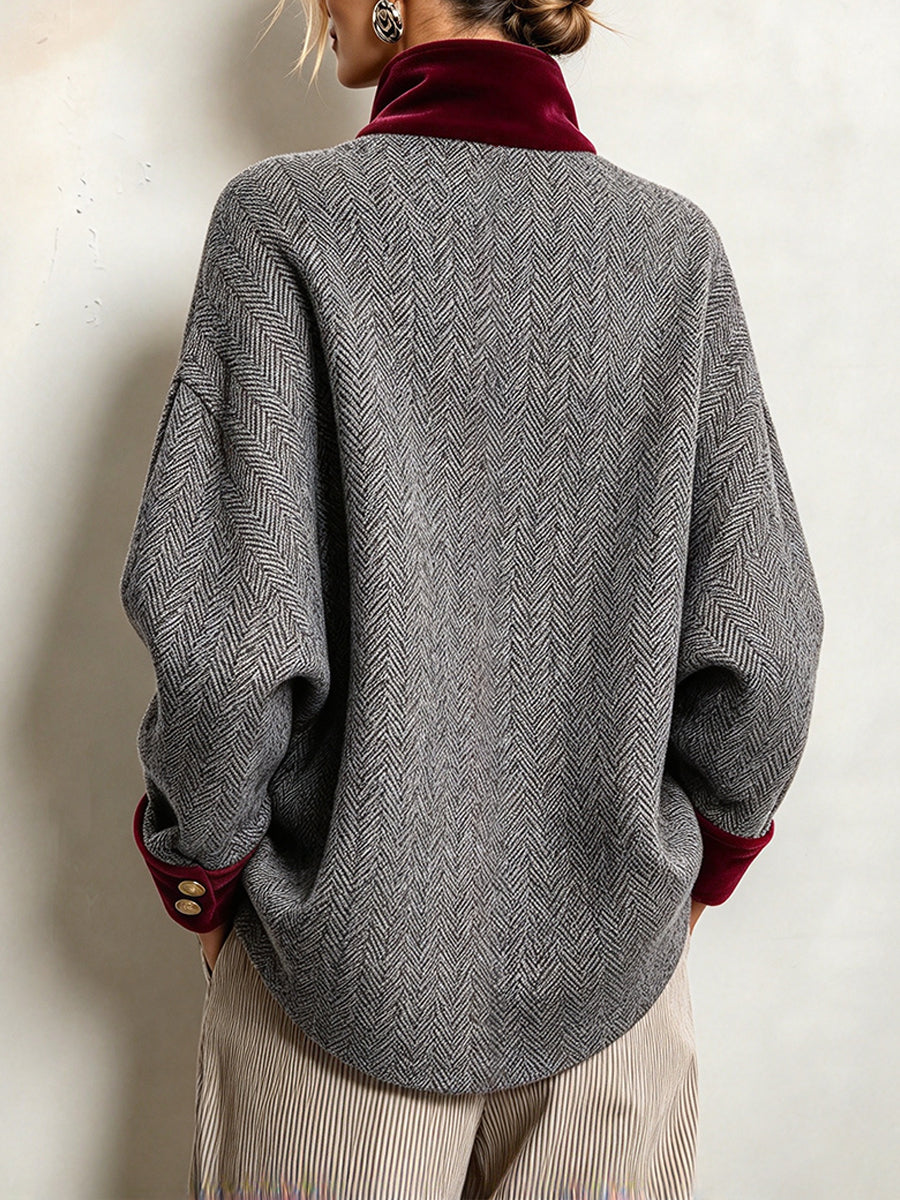 Vintage-style Patchwork Jacket In Burgundy Velvet And Herringbone Wool Blend