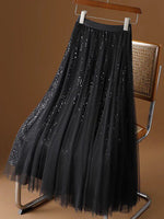 Glamorous And Elegant Sequin Tulle Midi Skirt With A Stretchy Elastic Waistband.