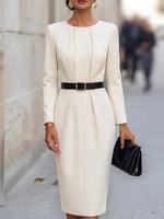 Women's Solid-color Crew Neck Long-sleeve Casual Slim-fit Dress(belt Not Included)