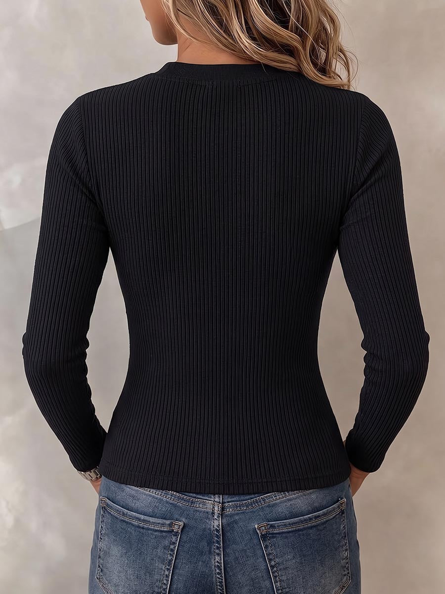 Women's Solid Color Crew Neck Long-sleeve Casual Knit Top With Wide Cut-outs And Lace-up Detail
