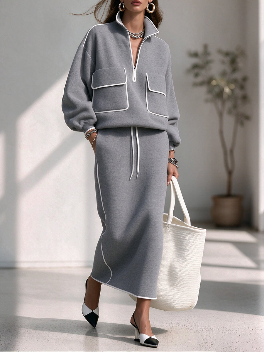 Chic Casual Grey Half-zip Sweatshirt Set With Contrasting Piping