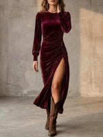 Glamorous Brown Velvet Ruched High-slit Maxi Dress