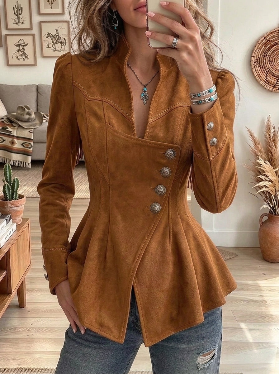 Women's Western Faux Suede Asymmetric Button Peplum Jacket
