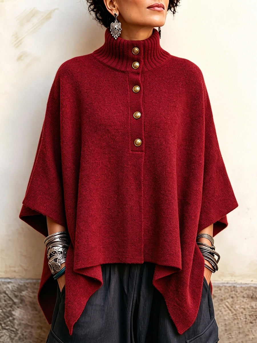 Cozy Button-Front Knit Poncho Pullover