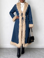 Vintage Longline Denim Coat With Faux Fur Trim And Tie Waist