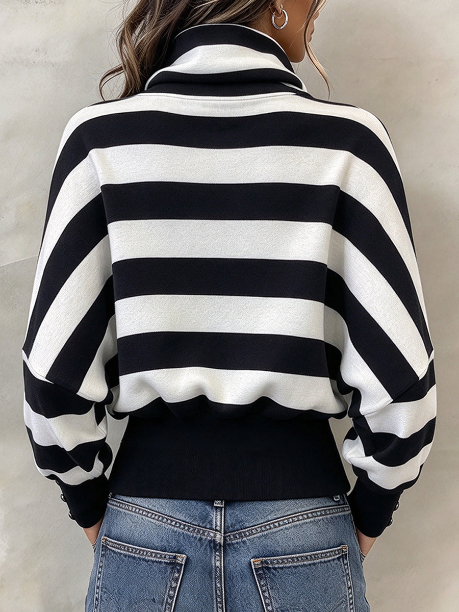 Casual Striped Funnel-neck Drawstring Sweatshirt
