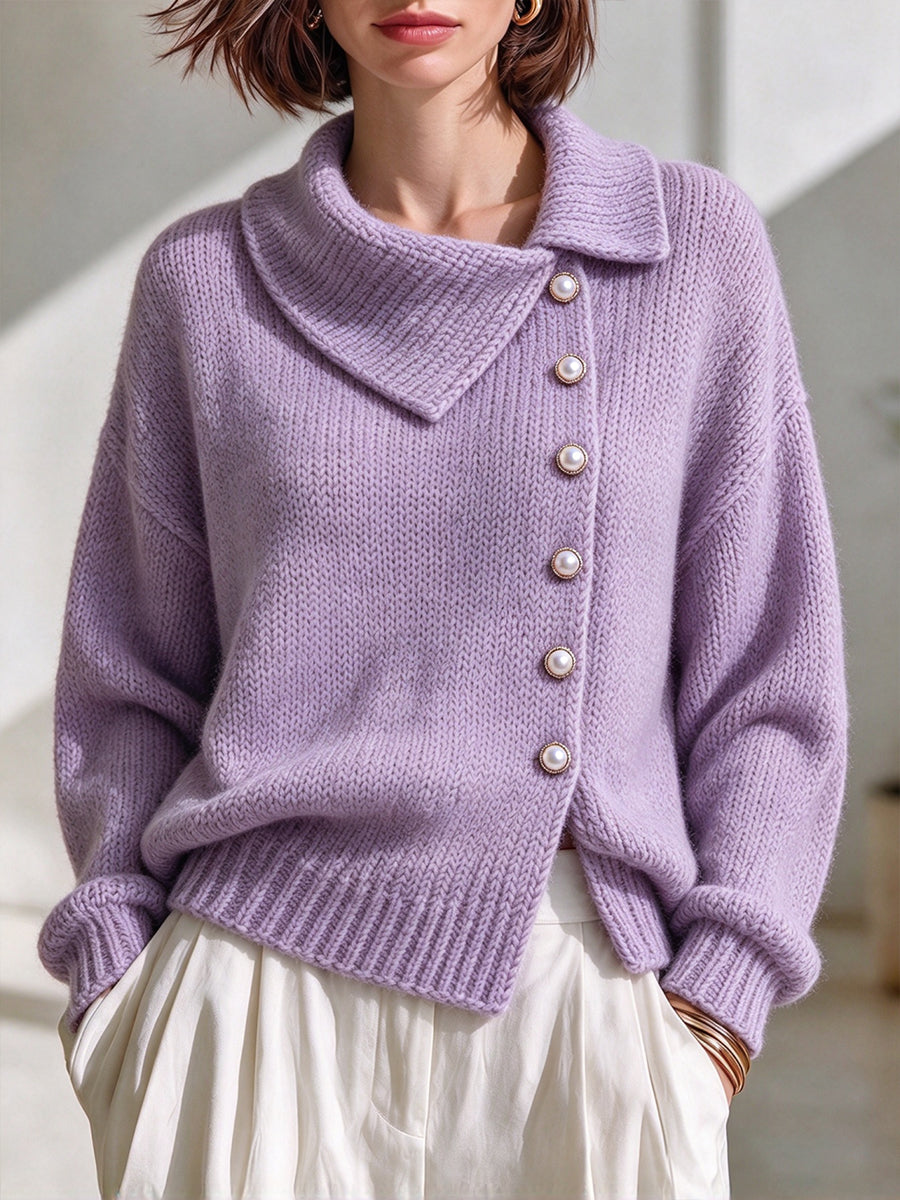 Elegant Asymmetric-neck Knit Cardigan