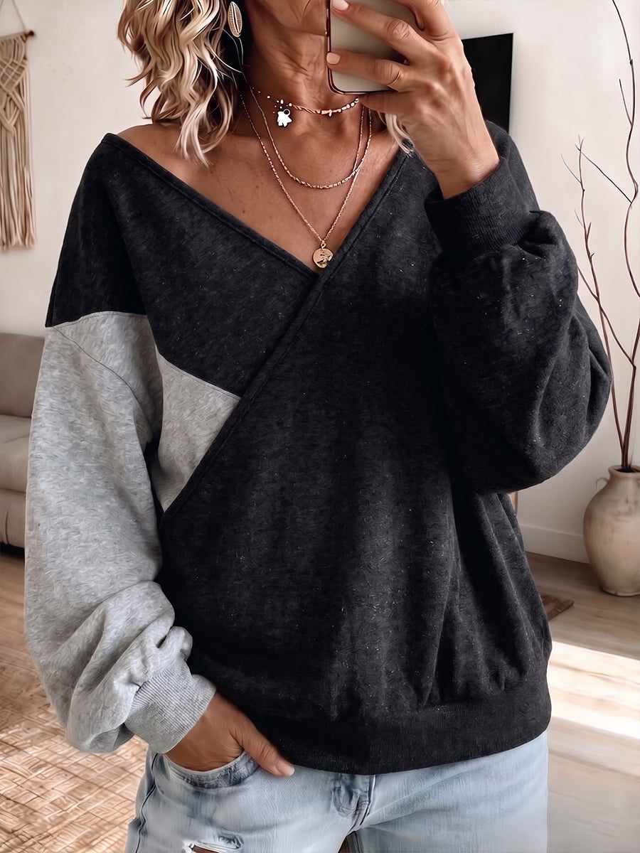 Chic Colorblock Wrap-V Sweatshirt Pullover