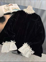 Elegant And Exquisite Velvet Top With Three-dimensional Floral Embellishments