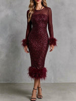 Sequin And Mesh Midi Dress With Feather Trim And Bodycon Fit
