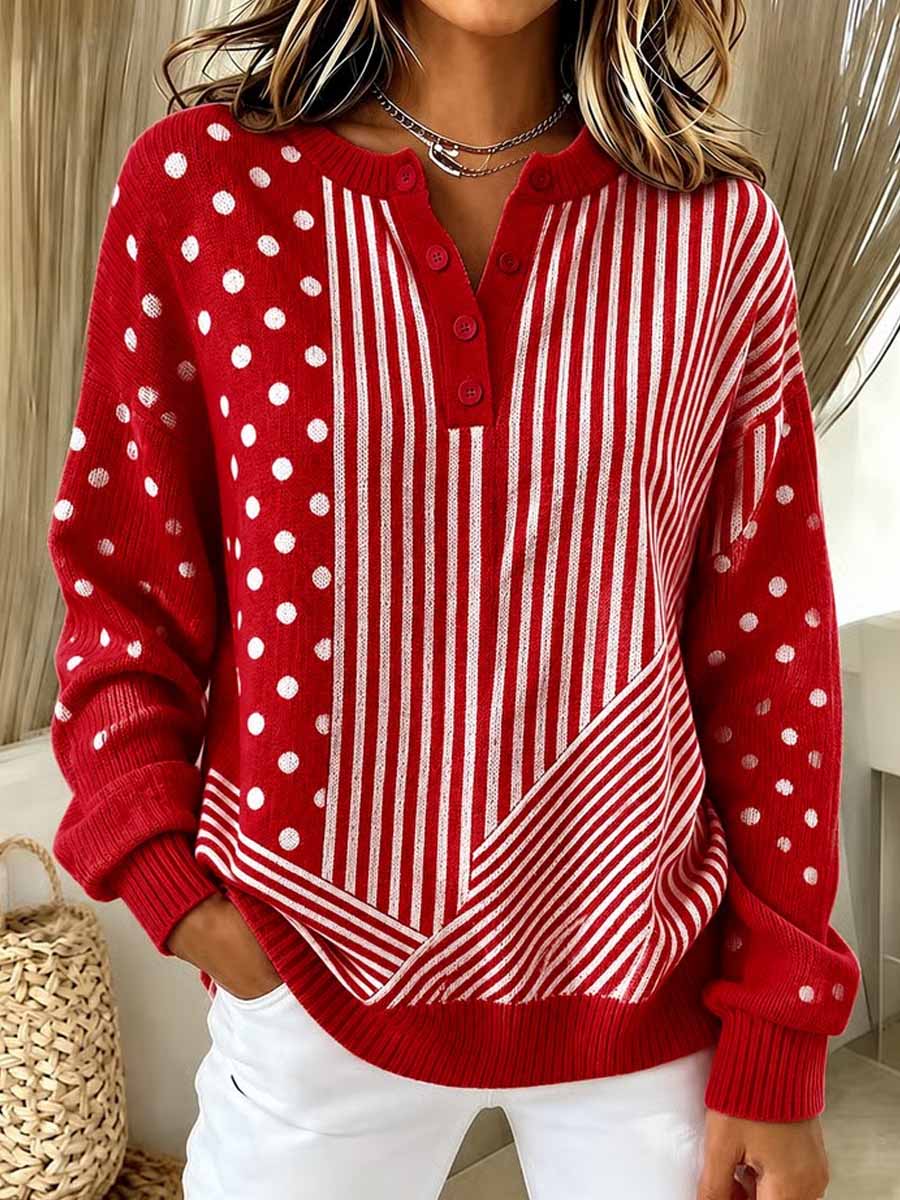Women's Geometric Patchwork Print Cardigan-neck Long-sleeve Loose-fit Knit Top