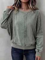 Casual Washed Cotton-blend Sweatshirt With Lace Paneling