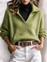 Fuzzy Knit Deep V-Neck Polo Collar Sweater