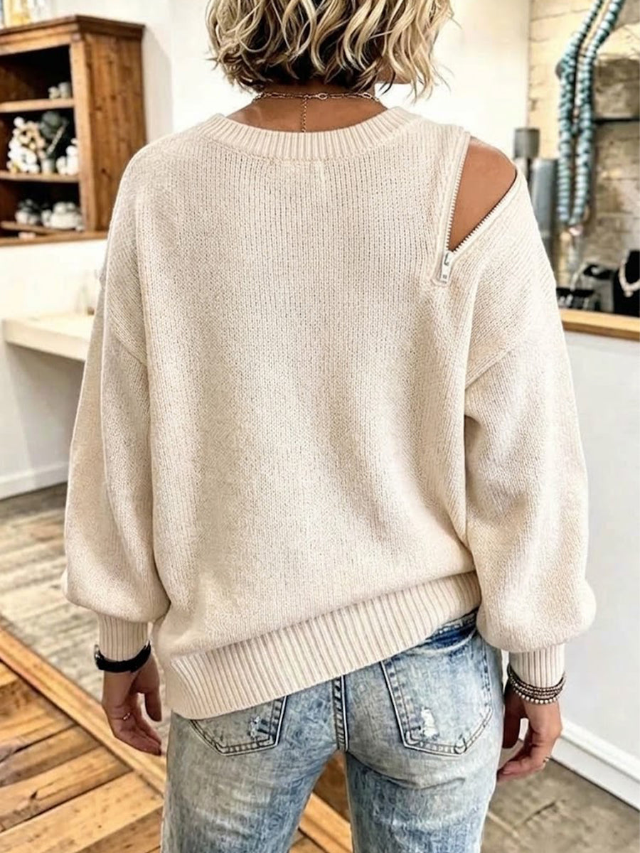 Loose-fit, Off-the-shoulder Knit Sweater With A Side Zipper
