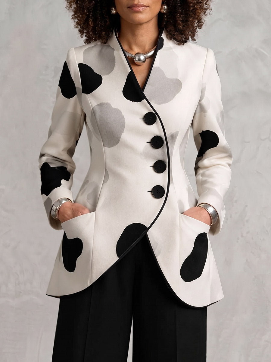 Women's Abstract Print Stand-collar Long-sleeve Casual Loose Jacket With Asymmetrical Hem