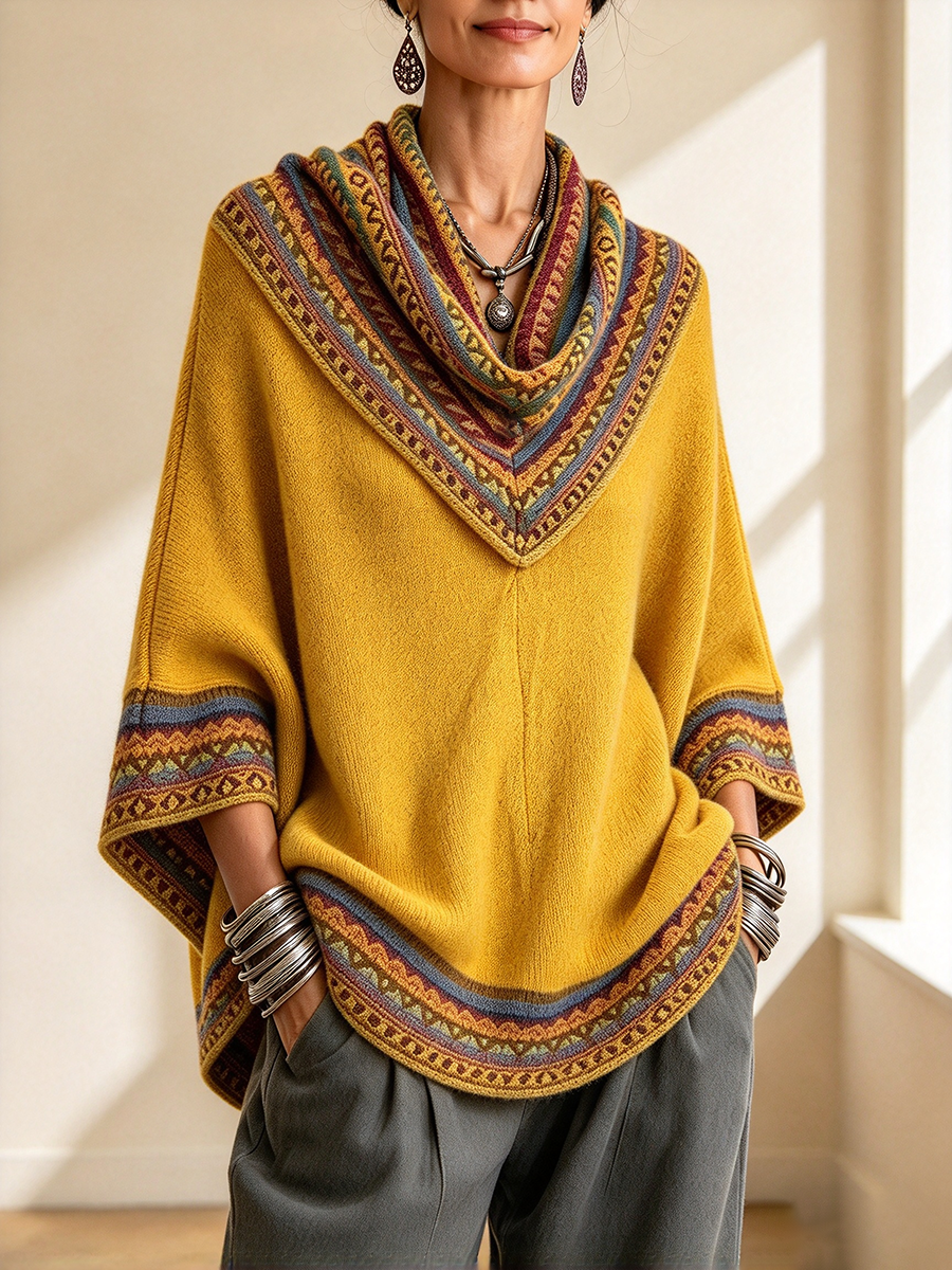 Boho Cozy Mustard Yellow Oversized Raped Cowl Knit Top