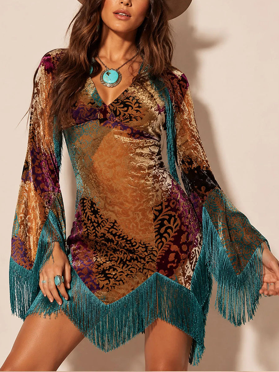 Bohemian Velvet Fringe Patchwork Dress