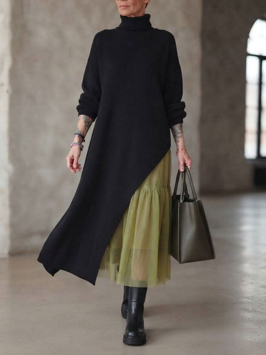 Cozy Turtleneck Asymmetric Hem False Two-piece Maxi Dress