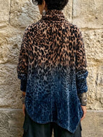 Velvet High-neck Top Featuring An Ombre Leopard Print And An Asymmetrical Button-front Design