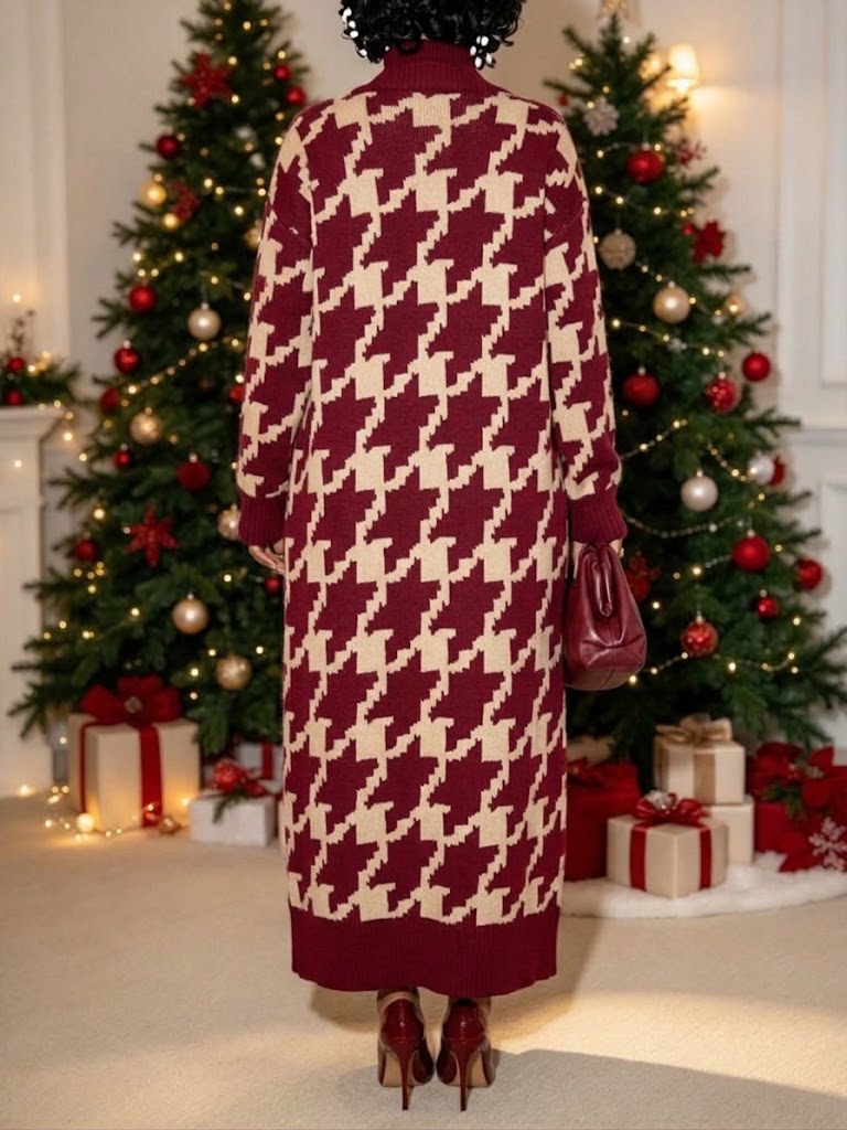 Elegant Burgundy Houndstooth Long Knit Cardigan
