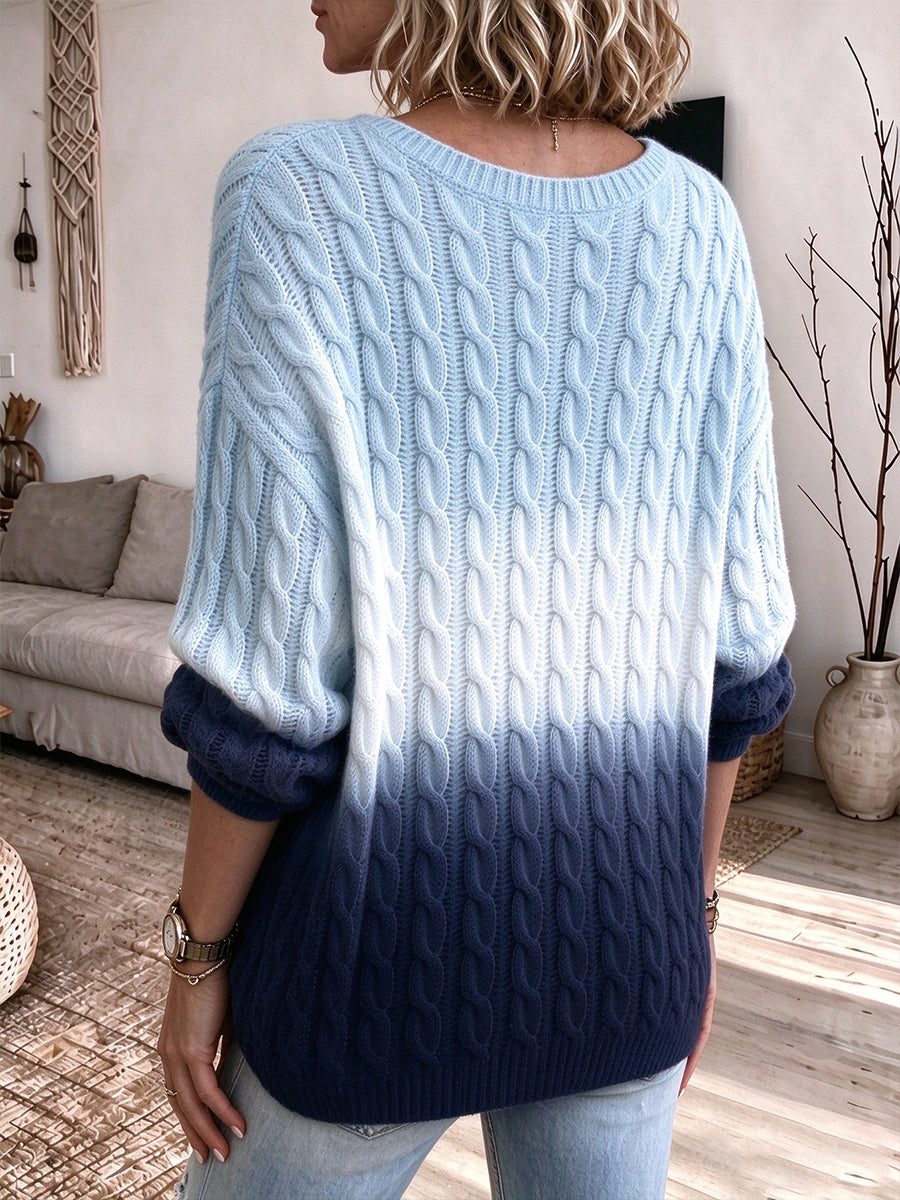 Cozy Ombré Cable-Knit V-Neck Pullover