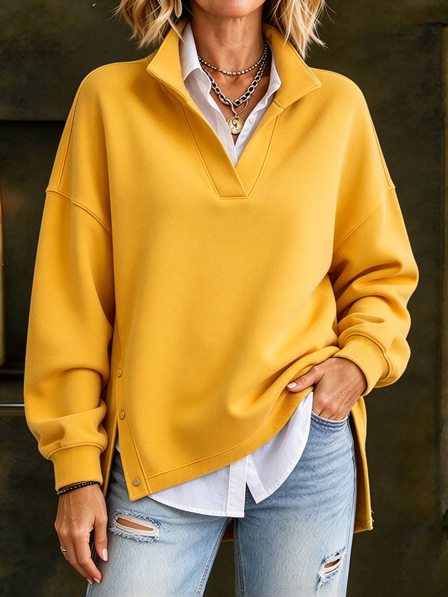 Relaxed Bright Yellow V-neck Stand Collar Sweatshirt