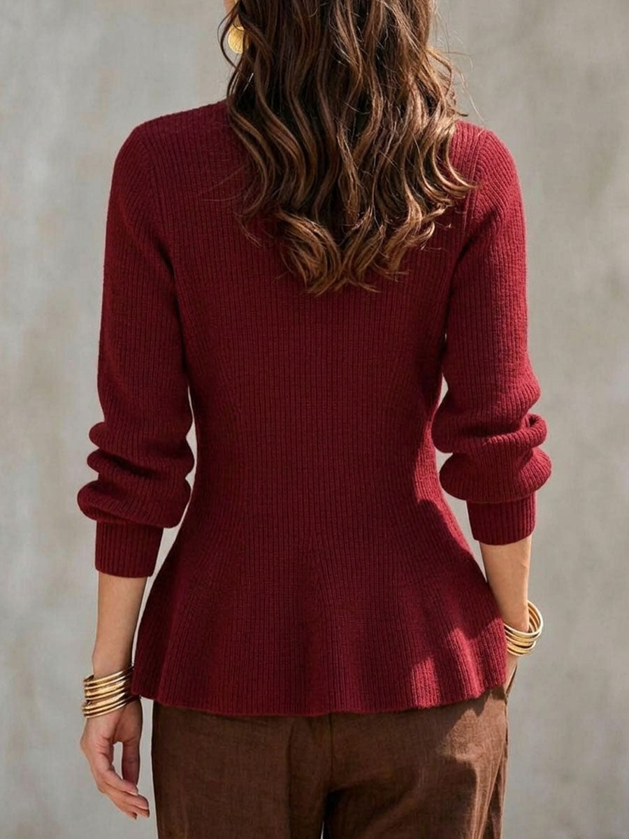 Women's V-neck Ribbed Knit Asymmetrical Button Peplum Sweater