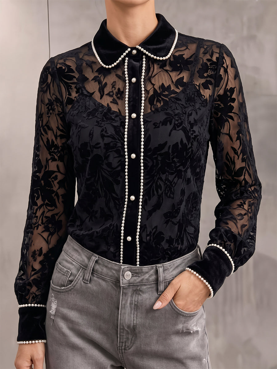 Chic Pearl-Trimmed Sheer Floral Velvet Button-Down Shirt