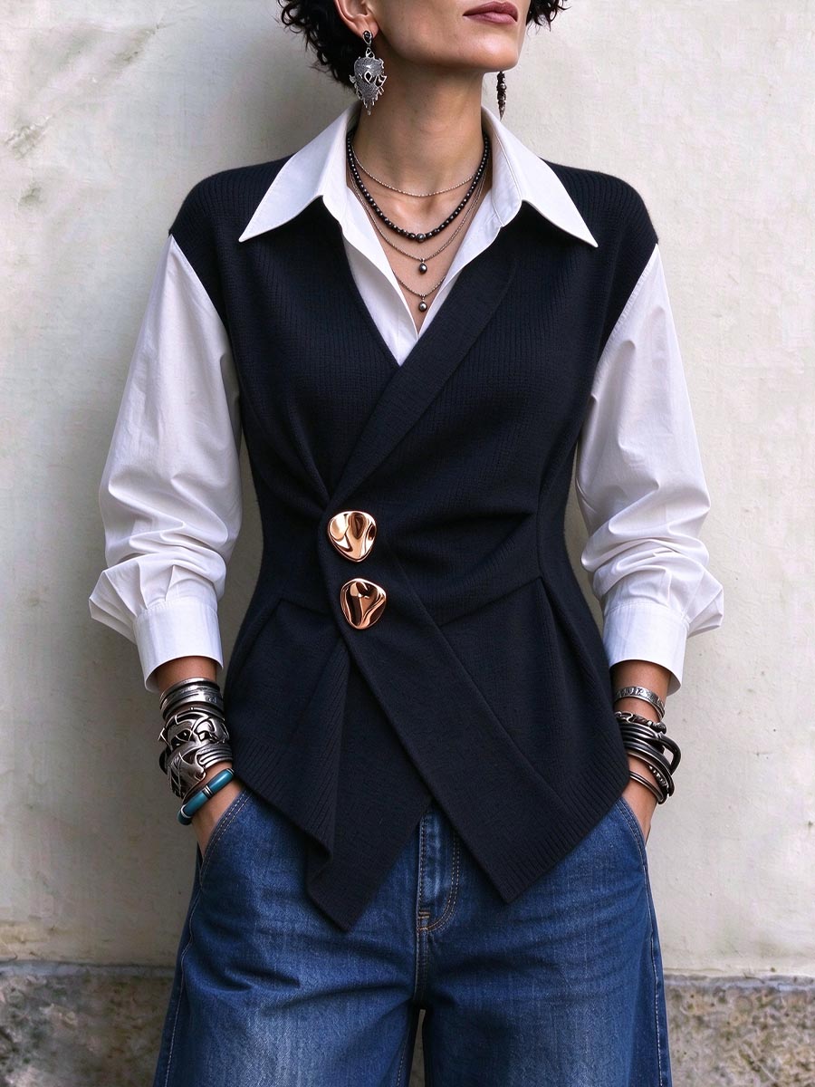 Women's Layered Asymmetrical Vest Top with Statement Buttons