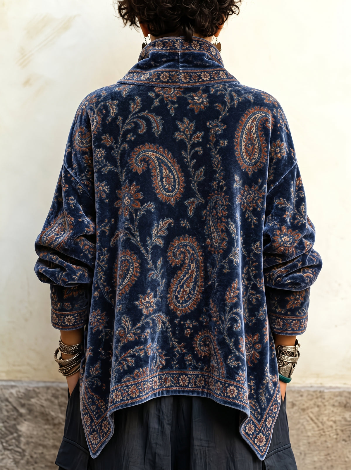 Women's Vintage Paisley Velvet Cowl Neck Top - Asymmetric Button Front Draped Tunic Blouse